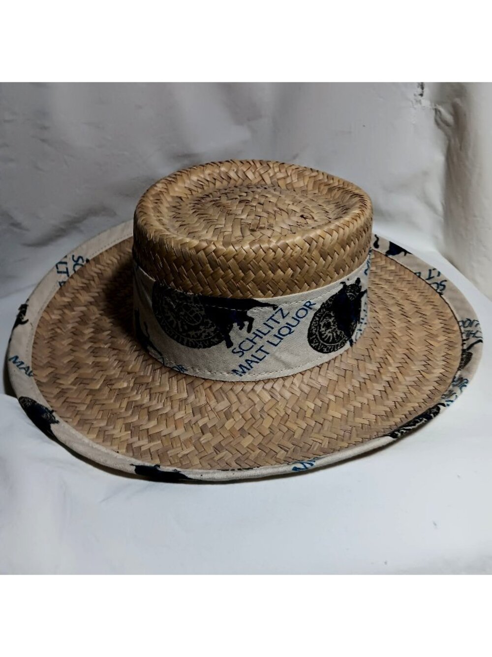 Medium Straw Boater Mens Vintage Schlitz Malt Liquor Hat With Printed Band